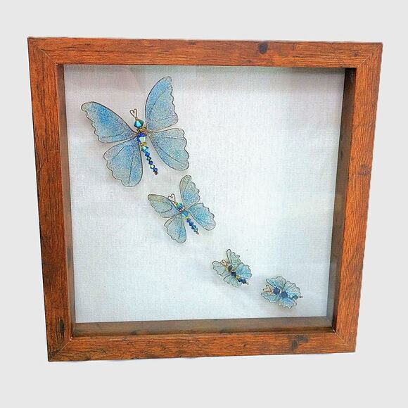 Whimsical Winged Butterfly Framed Art Hand Crafted 10x10 Blue Morpho Family 3D - Picture 1 of 13